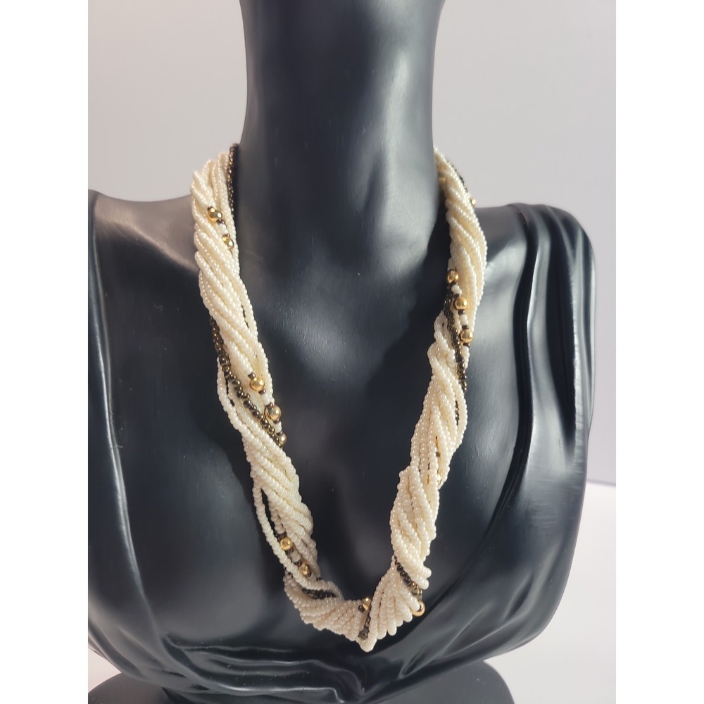 Cream White Multi Strand Twisted Bead Necklace Gold Tone Statement Jewelry
